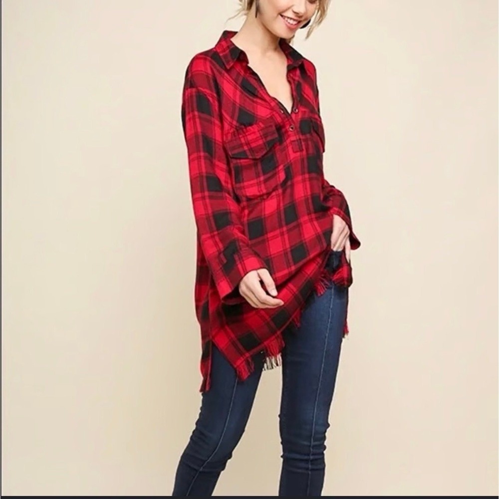 Umgee Red Black Plaid Shirt Dress Tunic Fringe Hem Long Sleeve Small
